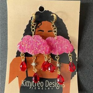 Pink Cloud Artisan Earrings with Red Drops